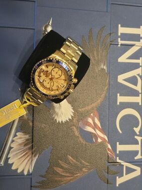Invicta Goldtone Chronograph Watch with Blue Accent Bezel